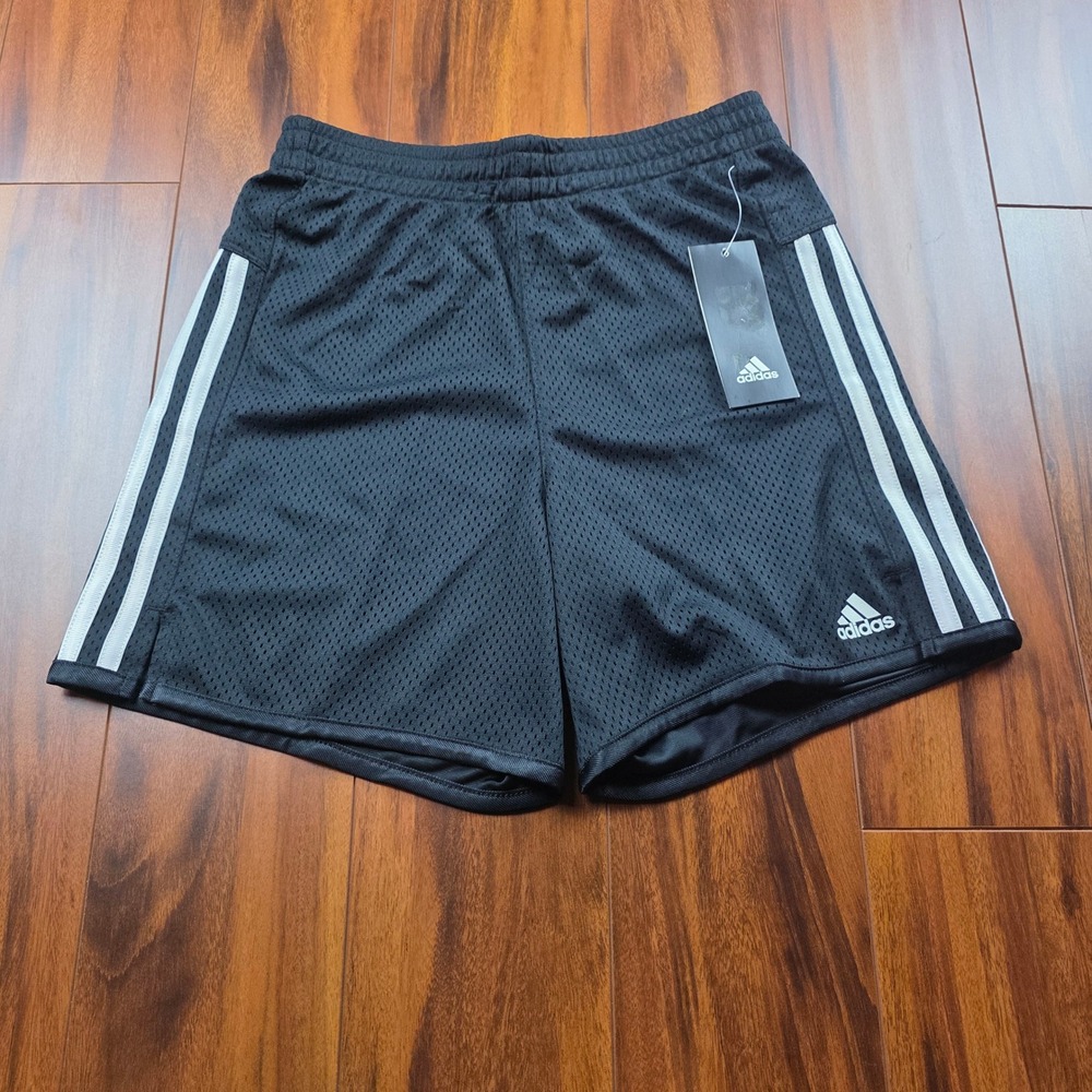 Adidas Kids Black Mesh Athletic Shorts White 3-Stripe Youth Large 14 NWT